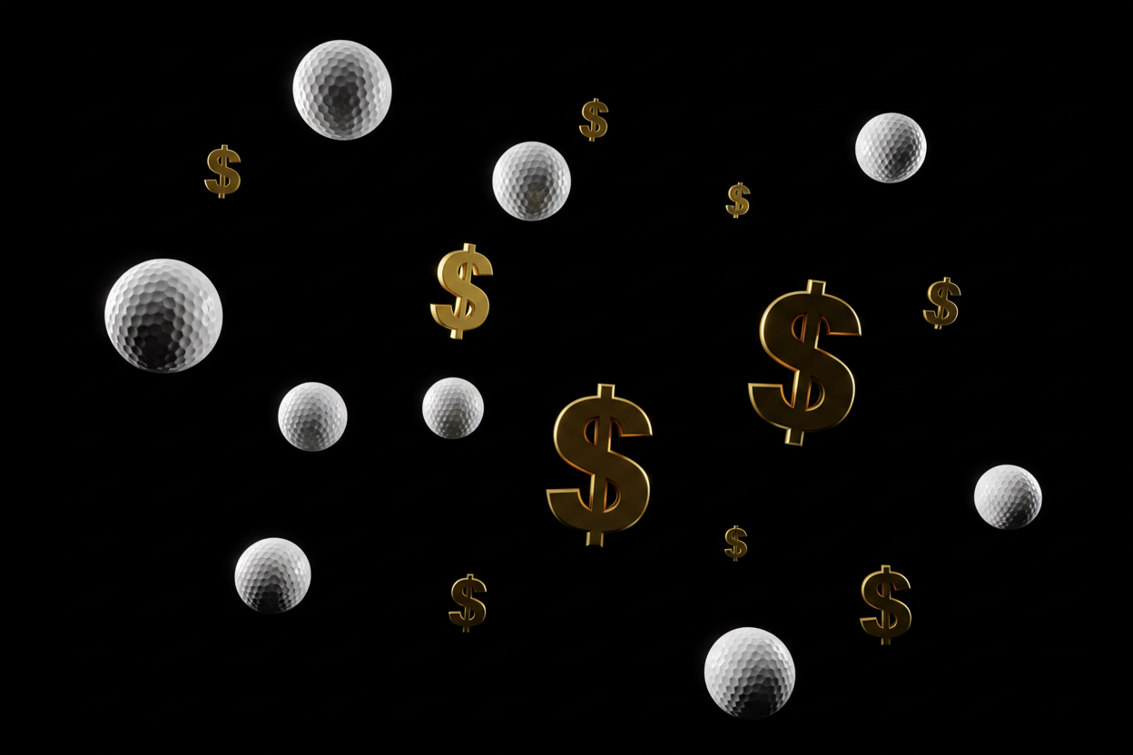 golf balls and gold dollar signs floating around a black screen